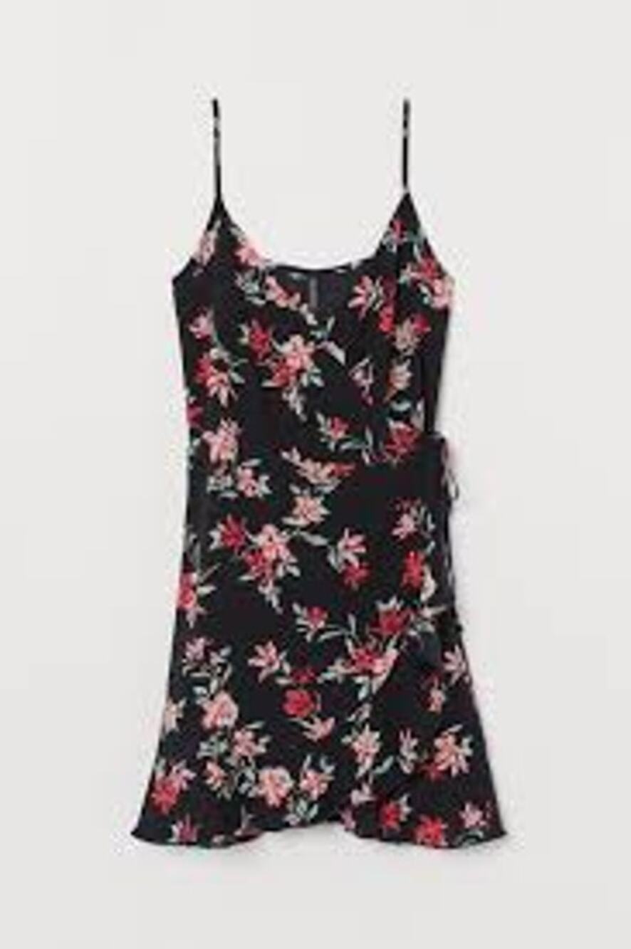 H&M Divided Flounced Wrap Dress Black Floral Mini Size 4 Small S FEMININE SUMMER
